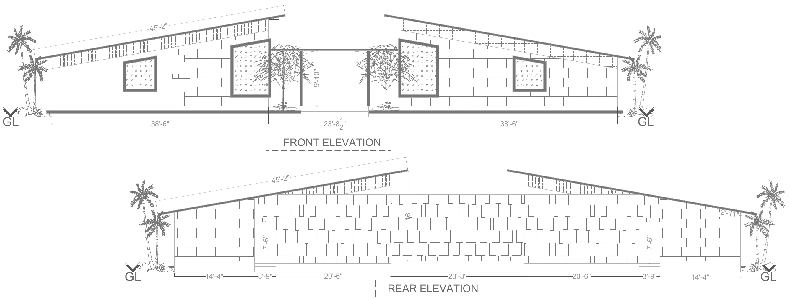 Front and rear architectural elevations of the two villas