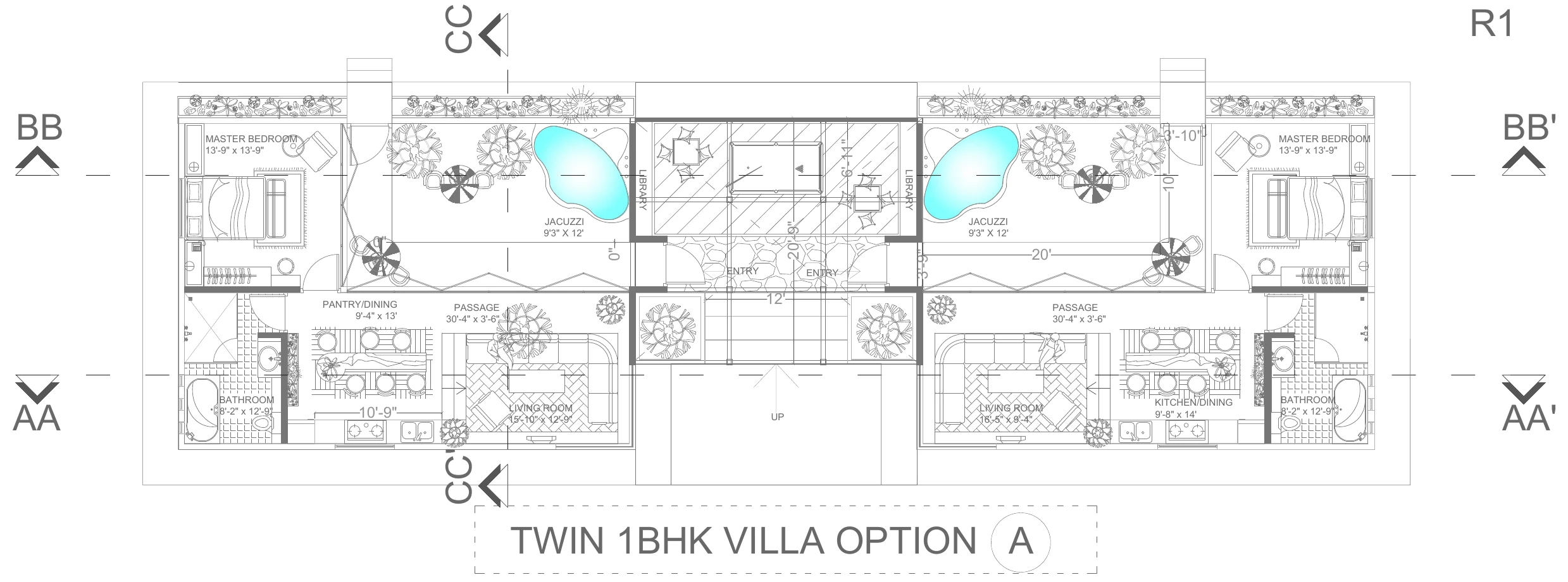 Latest twin villa floor plan showing the two one-bedroom homes, central entry, libraries, living and dining areas, and private jacuzzi courtyards