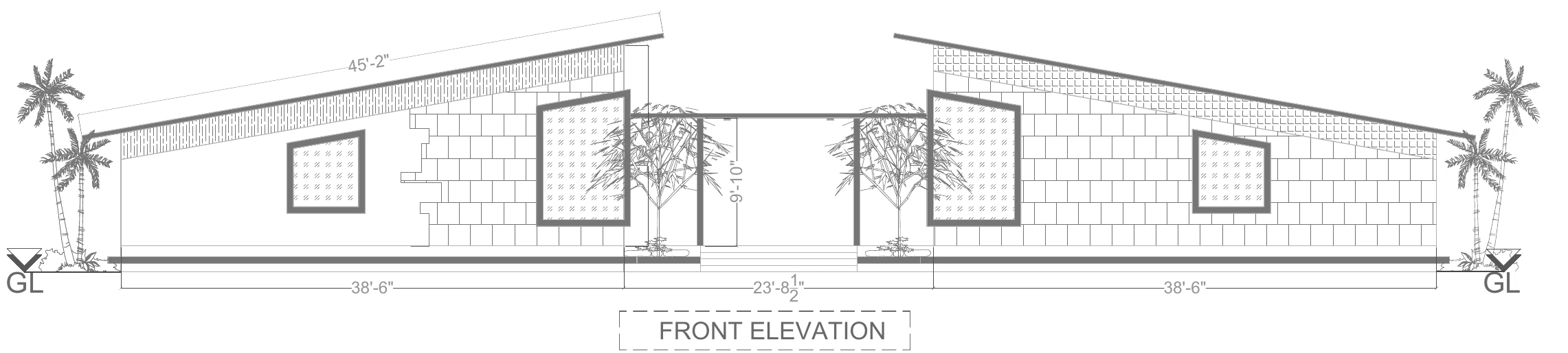 Architectural front elevation of the twin villa: two sloping roofs, textured walls and a central entrance
