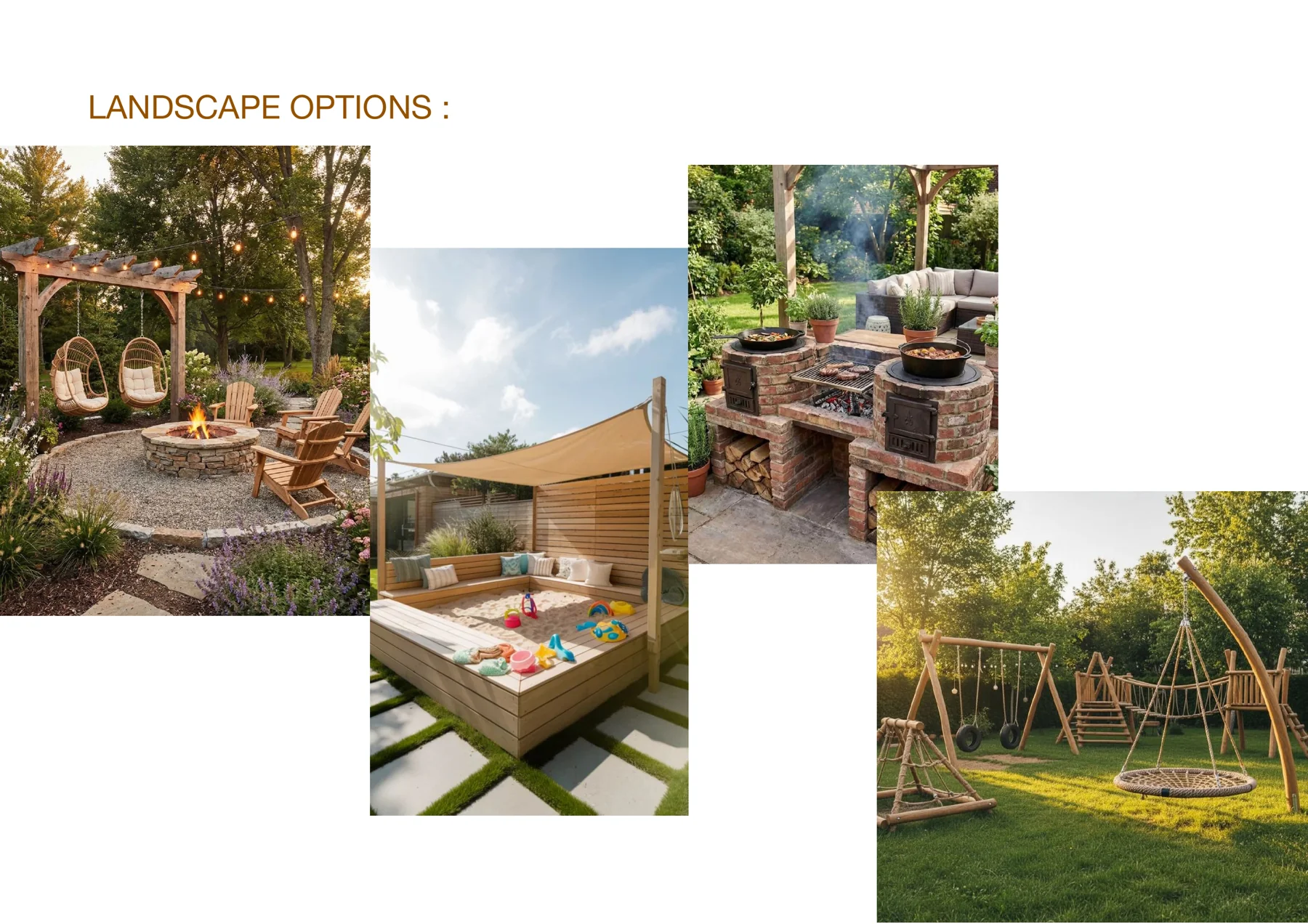 Reference moodboard for outdoor seating, shade, swings and garden spaces