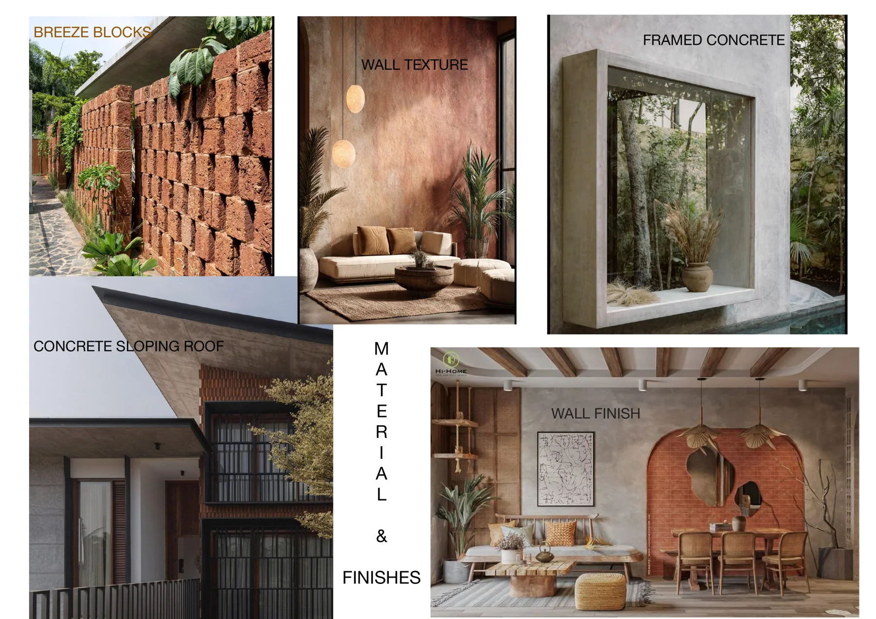 Reference moodboard for breeze blocks, textured walls, framed concrete and sloping concrete roofs