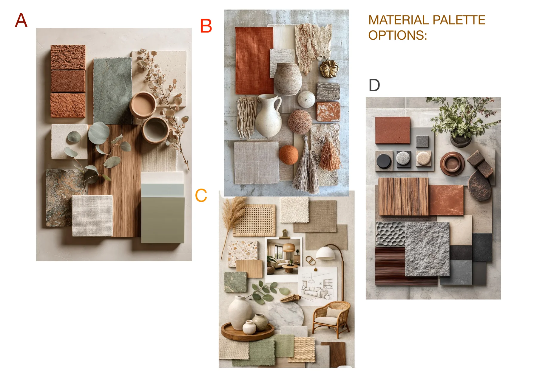 Four alternative palettes combining warm earthy colours, stone, wood and textured finishes