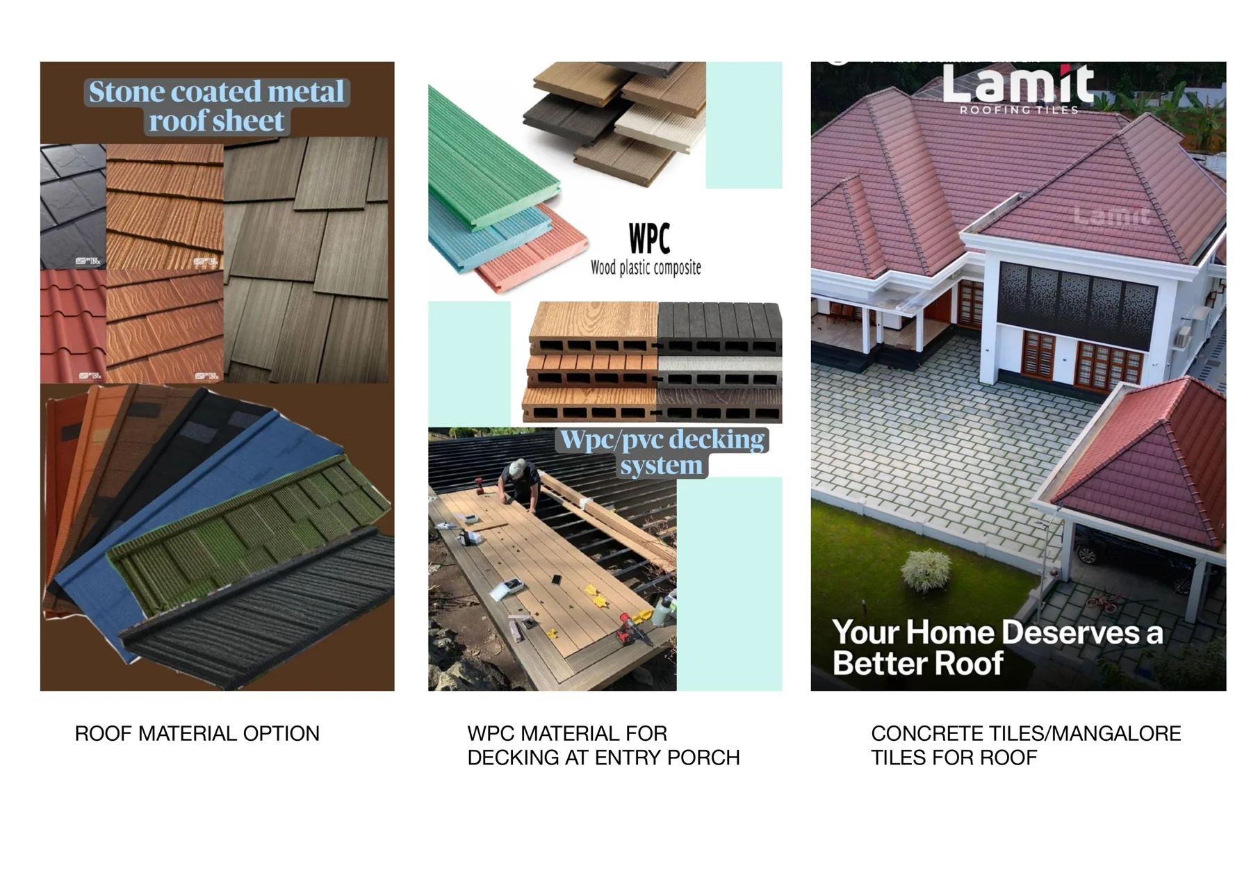 Material reference images for stone-coated metal roofing, WPC entry decking, concrete and Mangalore tiles