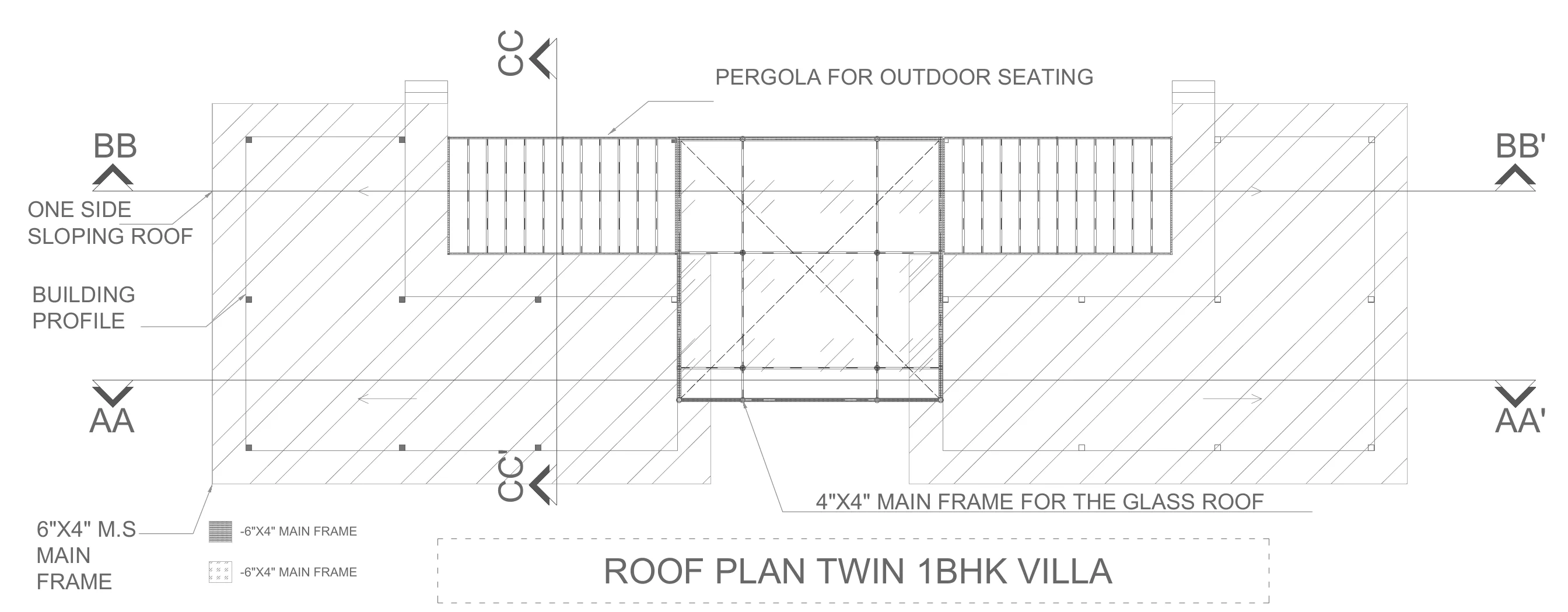 Roof plan showing sloping roofs, pergola seating and glass roof areas