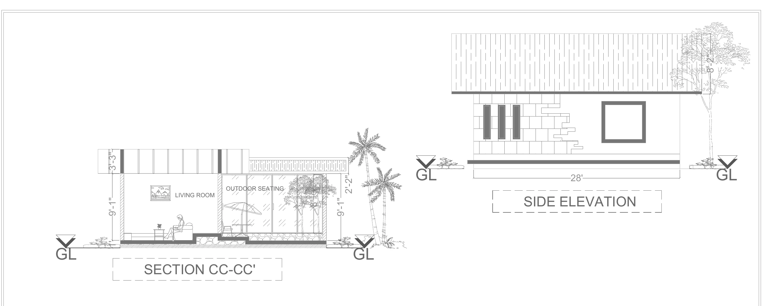Cross section and side elevation showing roof form and room relationships