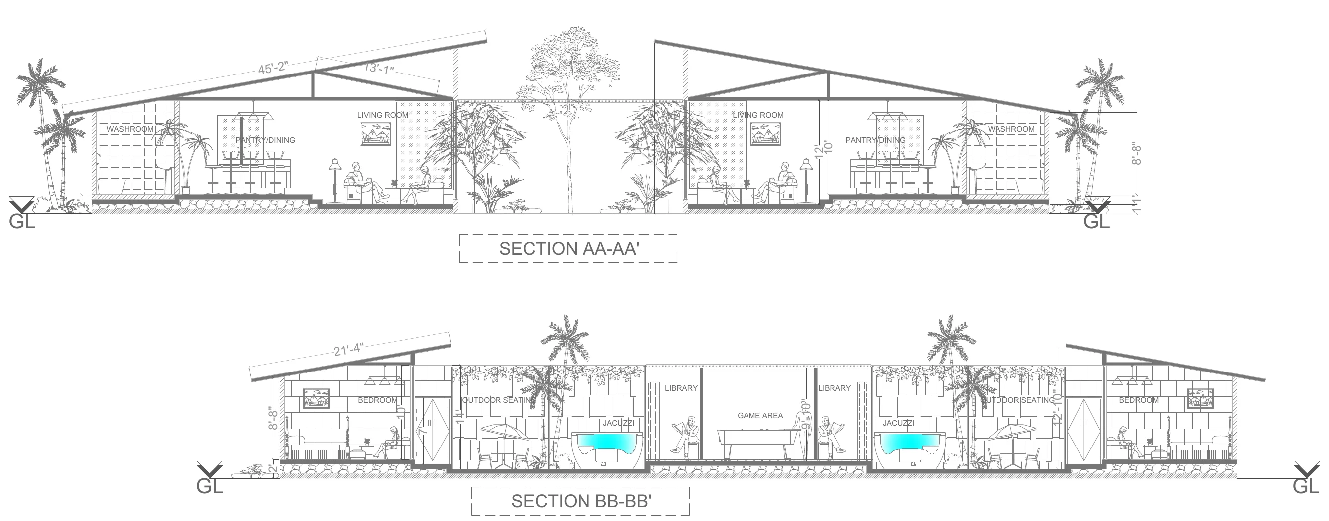Architectural sections through living, dining, bedroom, bathroom and jacuzzi spaces