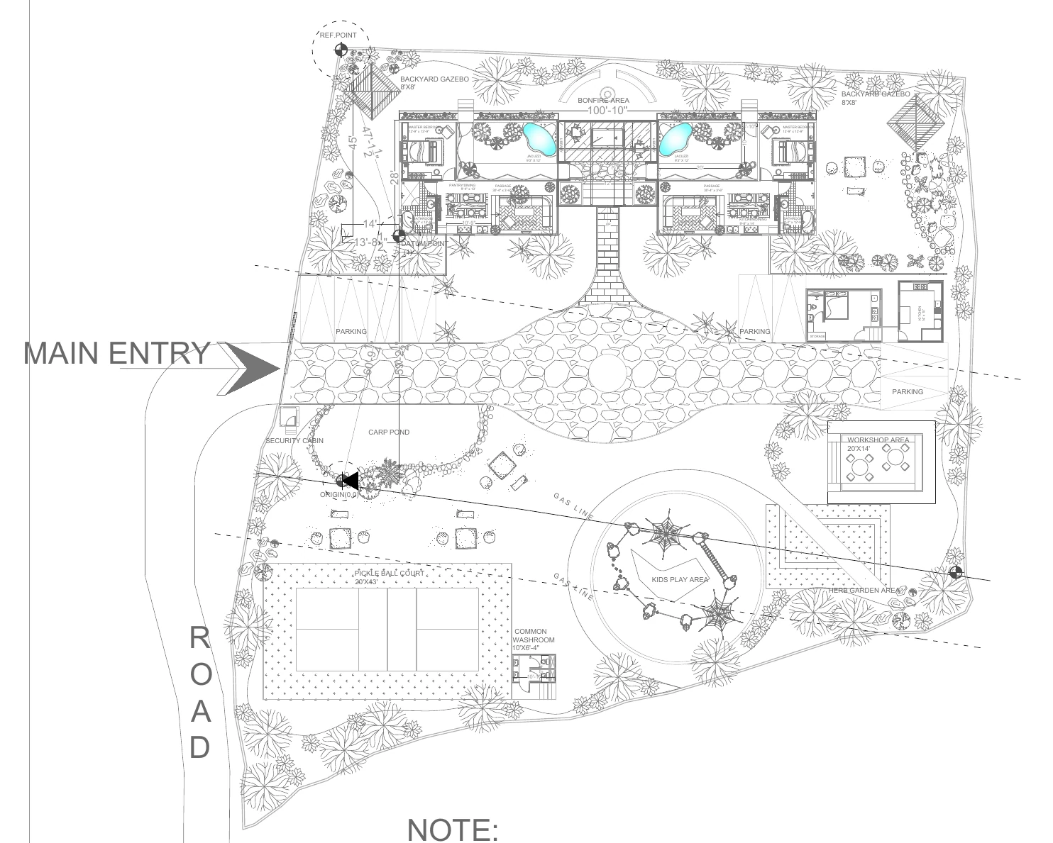 Landscaped site plan with twin villas to the rear, central access, parking, court, play area, garden and workshop